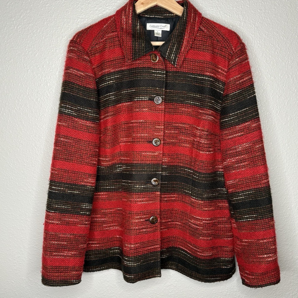 Coldwater Creek Blazer Jacket Red Black Striped Button Womens L Classic Workwear